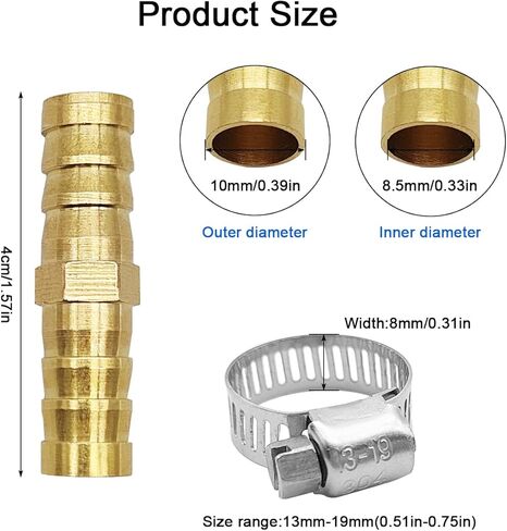 Brass Hose Barb Fittings Repair Kit, 2 pcs 3/8"(10mm) Brass Barb Splicer Mender Hose Fitting with 4 pcs Stainless Steel Pipe Clamps for Water/Fuel/Air, Fuel Line Connector Fittings in Saudi Arabia