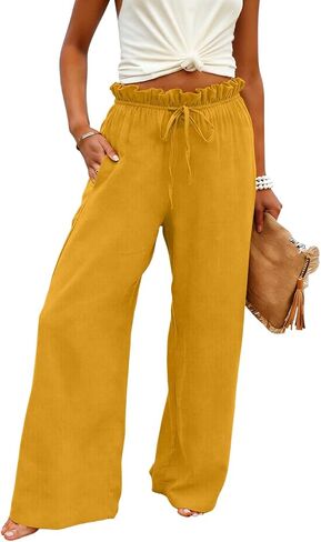 Linen Pants for Women Casual Ruffled High Waisted Stretch Palazzo Pant Loose Wide Leg Summer Beach Vacation Trousers in Saudi Arabia