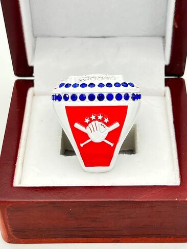 Discount Sports Rings HOME PLATE FINALIST RING — WHITE BODY, BLUE STONES, RED SIDES, NATIONAL Premium Softball Baseball Ring/Player/Team Awards/Tournament Ring 10-5 in Saudi Arabia