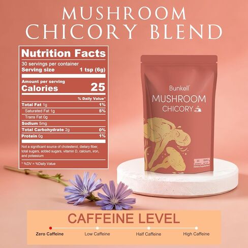 Bunkell Mushroom Chicory, Adaptogenic 6 Mushrooms with Lion's Mane, Reishi, Cordyceps, Shiitake, King Trumpet & Turkey Tail, Mushroom Chicory Powder for Energy, Digestion & Immune Support, 30 Servings in Kuwait