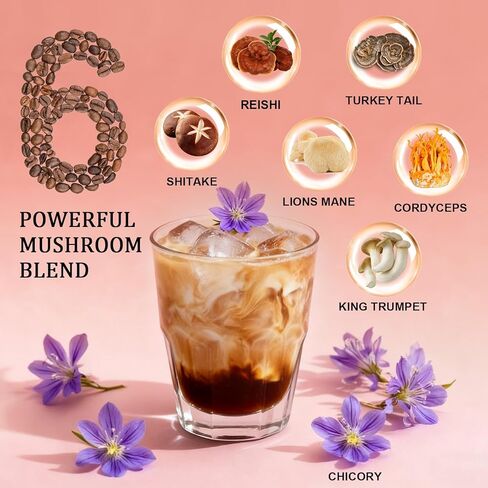 Bunkell Mushroom Chicory, Adaptogenic 6 Mushrooms with Lion's Mane, Reishi, Cordyceps, Shiitake, King Trumpet & Turkey Tail, Mushroom Chicory Powder for Energy, Digestion & Immune Support, 30 Servings in Kuwait