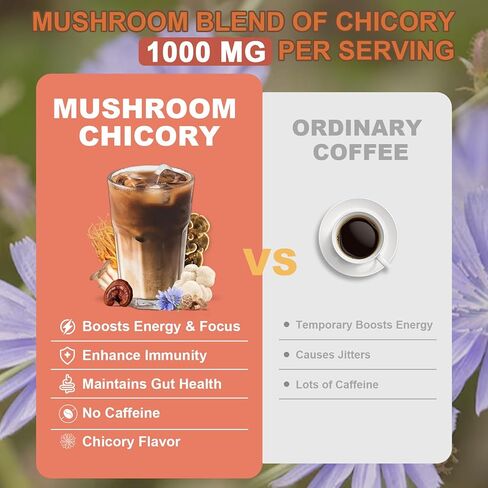Bunkell Mushroom Chicory, Adaptogenic 6 Mushrooms with Lion's Mane, Reishi, Cordyceps, Shiitake, King Trumpet & Turkey Tail, Mushroom Chicory Powder for Energy, Digestion & Immune Support, 30 Servings in Kuwait