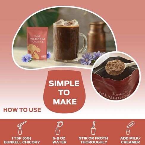 Bunkell Mushroom Chicory, Adaptogenic 6 Mushrooms with Lion's Mane, Reishi, Cordyceps, Shiitake, King Trumpet & Turkey Tail, Mushroom Chicory Powder for Energy, Digestion & Immune Support, 30 Servings in Kuwait