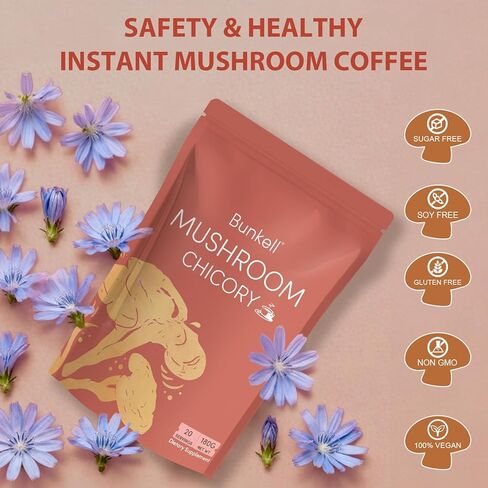 Bunkell Mushroom Chicory, Adaptogenic 6 Mushrooms with Lion's Mane, Reishi, Cordyceps, Shiitake, King Trumpet & Turkey Tail, Mushroom Chicory Powder for Energy, Digestion & Immune Support, 30 Servings in Kuwait