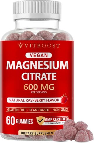 Vitboost Magnesium Citrate Gummies 600mg - 60 Count Magnesium Gummies للاسترخاء ودعم العضلات - نكهة التوت الطبيعية - غير معدلة وراثيًا، خالية من الغلوتين، نباتية in Kuwait