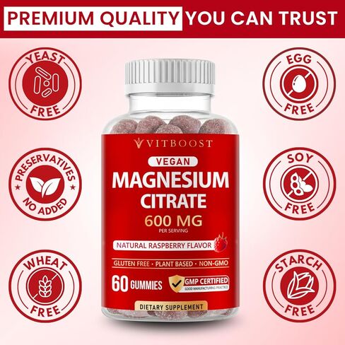 Vitboost Magnesium Citrate Gummies 600mg - 60 Count Magnesium Gummies للاسترخاء ودعم العضلات - نكهة التوت الطبيعية - غير معدلة وراثيًا، خالية من الغلوتين، نباتية in Kuwait