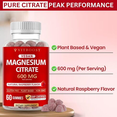 Vitboost Magnesium Citrate Gummies 600mg - 60 Count Magnesium Gummies للاسترخاء ودعم العضلات - نكهة التوت الطبيعية - غير معدلة وراثيًا، خالية من الغلوتين، نباتية in Kuwait