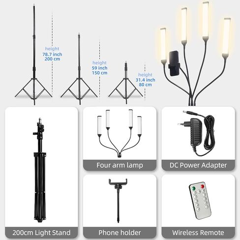 Four-arm LED Photography Light,with Tripod Light Stand and 2.4G Remote,2800k-6500k Fill Light for Live Stream Video Recording Eyebrow Tattoo Makeup YouTube Videos in Kuwait