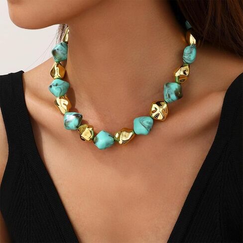Charm Chunky Irregular Turquoise Gold Beads Choker Necklace for Women Statement Red Resin Acrylic Necklaces Boho Prom Party Aesthetic Jewelry Gifts in Saudi Arabia
