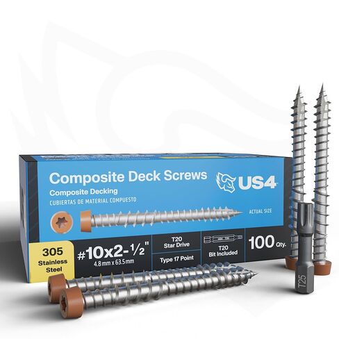US4 - براغي مركبة من الفولاذ المقاوم للصدأ من خشب الأرز مقاس 10 × 2-1/2 بوصة | محرك نجمة T20 | براغي ذاتية الحفر للتزيين والأرضيات والجوانب | 305 من الفولاذ المقاوم للصدأ (100، #10 × 2.5 بوصة) in Kuwait