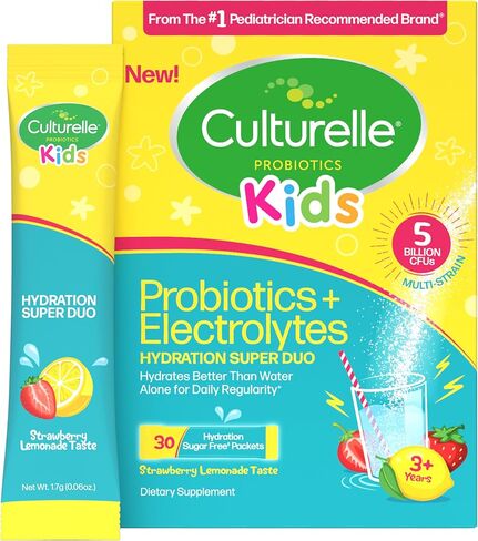 Culturelle® Kids Probiotics and Electrolytes Hydration Super Duo, Strawberry Lemonade, Sugar Free‡ Powder Packets for Immune and Digestive Support, 30 Count in Kuwait