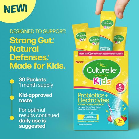 Culturelle® Kids Probiotics and Electrolytes Hydration Super Duo, Strawberry Lemonade, Sugar Free‡ Powder Packets for Immune and Digestive Support, 30 Count in Kuwait