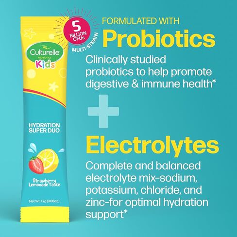 Culturelle® Kids Probiotics and Electrolytes Hydration Super Duo, Strawberry Lemonade, Sugar Free‡ Powder Packets for Immune and Digestive Support, 30 Count in Kuwait