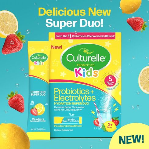 Culturelle® Kids Probiotics and Electrolytes Hydration Super Duo, Strawberry Lemonade, Sugar Free‡ Powder Packets for Immune and Digestive Support, 30 Count in Kuwait
