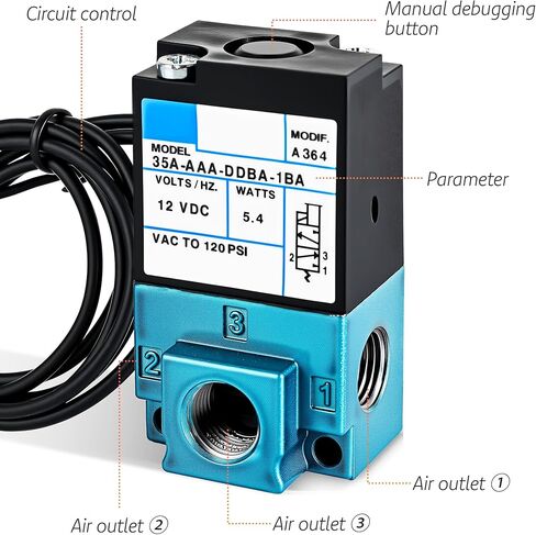 DC 12V 5.4W Solenoid Valve, 3-Port Electronic Boost Control Solenoid Valve, Carbon Steel Dispensing Machine Valve with Brass Fitting, 6mm Threaded Connector (35A-AAA-DDBA-1BA) in Kuwait