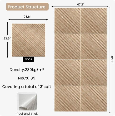 Acoustic Wall Panels, 8 pcs 23.6" x 23.6" – Wood-Pattern Polyester Fiber Sound Absorbing & Soundproof 3D Peel & Stick Panels for Recording Studio, Home Theater, Office, Meeting Room Décor (31 sq ft) in Kuwait