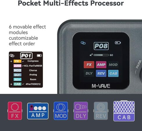 M-VAVE Pocket AMP Effect Pedal Guitar Bass 6 Modules 80+ Built-in Presets Acoustic Effects Chorus Delay Reverb IR CAB Modulation Tremolo Stereo TRS USB Type-C Audio Interface LOOPBACK Recordable in Kuwait