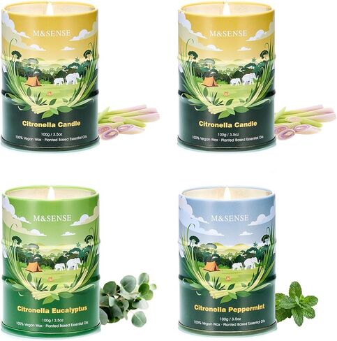شموع معطرة من إم آند سينس - احتراق لمدة 80 ساعة، 4 × 100 جم (3.5 أونصة) شمع الصويا الطبيعي غير السام، للاستخدام الخارجي والداخلي للفناء والتخييم والمنزل in Kuwait