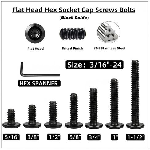 3/16"-24 x 1/2"[50 PCS] Flat Head Hex Socket Cap Screws,Black Oxide,304 Stainless Steel 18-8,Furniture&Machinery Bolts,Corrosion Resistant,Fully Thread with Hex Spanner in Saudi Arabia