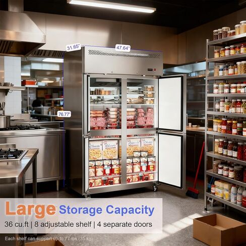48"W 4 Door Commercial Freezer, 36 Cu.ft Stainless Steel Upright Freezer (-8℉ to -1℉) with 8 Adjustable Shelves, Lockable Door, Wheels, Auto-Defrost for Restaurant, Kitchen, Shop in Saudi Arabia