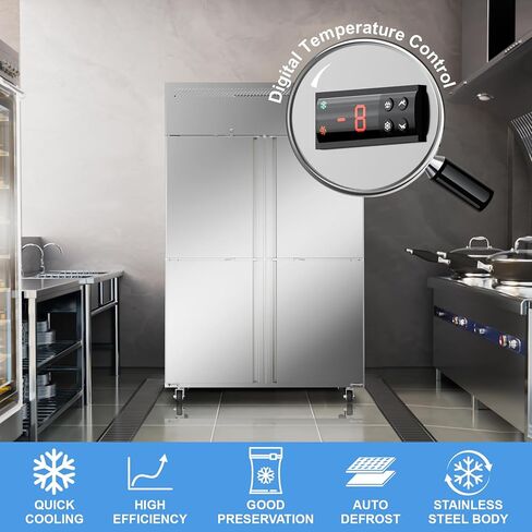 48"W 4 Door Commercial Freezer, 36 Cu.ft Stainless Steel Upright Freezer (-8℉ to -1℉) with 8 Adjustable Shelves, Lockable Door, Wheels, Auto-Defrost for Restaurant, Kitchen, Shop in Saudi Arabia
