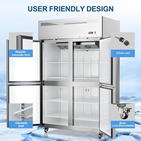 48"W 4 Door Commercial Freezer, 36 Cu.ft Stainless Steel Upright Freezer (-8℉ to -1℉) with 8 Adjustable Shelves, Lockable Door, Wheels, Auto-Defrost for Restaurant, Kitchen, Shop in Saudi Arabia