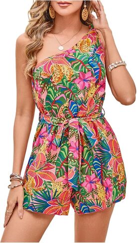 Women's Tropical One Shoulder Vacation Rompers Graphic Sleeveless Belted Shorts Jumpsuit in Saudi Arabia