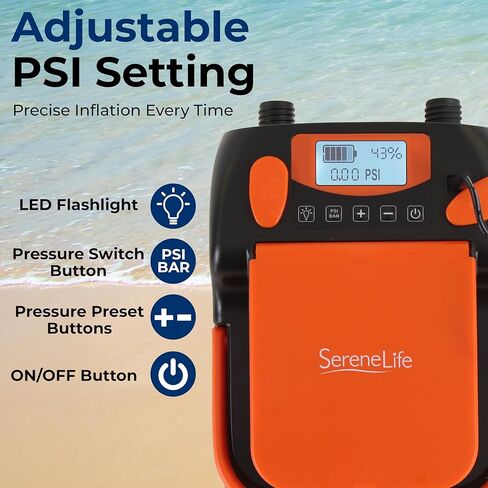SereneLife Paddle Board Electric Pump - Portable 16 PSI Dual-Stage SUP Pump for Super Fast Inflation/Deflation, Rechargeable Battery, Auto-Off, LCD Display - for SUP, Boats & Inflatables in Saudi Arabia