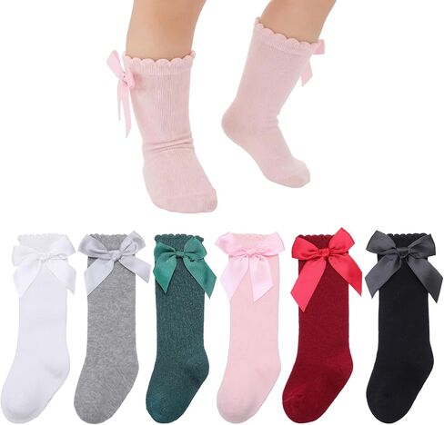 8 Pairs Baby Girl Knee High Socks with Bow Ruffles Toddler Soft Cotton Long Tube Stockings,0-12 Months in Saudi Arabia