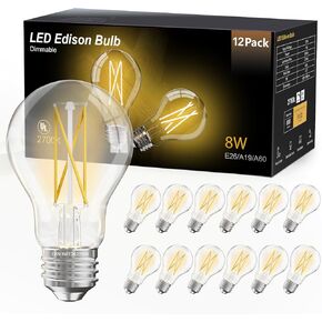 dalattin 12 حزمة A19 مصابيح إديسون LED عتيقة، قابلة للتعتيم، ما يعادل 60 وات، سطوع عالٍ 2700 ك أبيض ناعم، قاعدة قياسية 8 وات E26، 800 لومن، CRI80+، لمبة خيوط زجاجية شفافة للمنزل in Kuwait