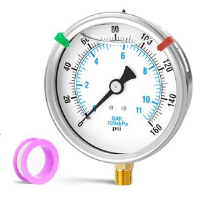 مقياس ضغط مملوء بالسائل من الفولاذ المقاوم للصدأ 0-160 رطل لكل بوصة مربعة، مقاس قرص 4 بوصة، حامل سفلي 1/4 بوصة NPT، للأنبوب، مضخة المياه، الغاز، السائل، اختبار الضغط (مع مؤشر علامة النطاق) in Kuwait