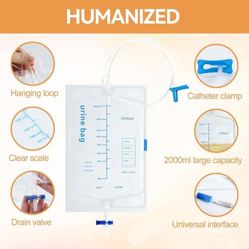 2000ml Capacity Catheter Bags with Anti-Reflux Valve, 5 Pcs Urine Bag with Adjustable Clips, Professional Urinary Drainage Bags for Home and Hospital Use in Kuwait