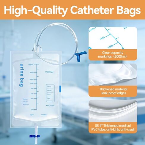 2000ml Capacity Catheter Bags with Anti-Reflux Valve, 5 Pcs Urine Bag with Adjustable Clips, Professional Urinary Drainage Bags for Home and Hospital Use in Kuwait