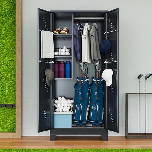 خزانة تخزين حقيبة الجولف تناسب حقيبتين، منظم حقيبة جولف معدني بأبواب قابلة للقفل، منظم معدات رياضية مقاس 75 بوصة للجراج والمنزل والمكتب وصالة الألعاب الرياضية in Kuwait