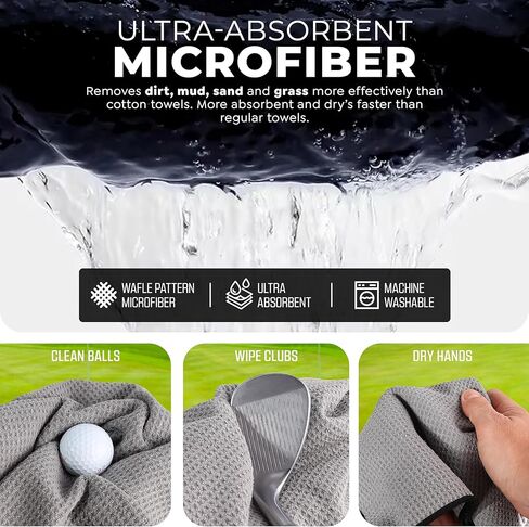 منشفة Golf'N Microfiber - منشفة جولف مغناطيسية سوداء مقاس 18 بوصة × 18 بوصة لحقائب الجولف مع مغناطيس N52 عالي التحمل، ومشبك حلقة تسلق وحلقة معززة مخيطة بشكل متقاطع، وإكسسوارات جولف ممتازة in Saudi Arabia