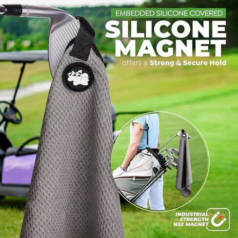 منشفة Golf'N Microfiber - منشفة جولف مغناطيسية سوداء مقاس 18 بوصة × 18 بوصة لحقائب الجولف مع مغناطيس N52 عالي التحمل، ومشبك حلقة تسلق وحلقة معززة مخيطة بشكل متقاطع، وإكسسوارات جولف ممتازة in Saudi Arabia