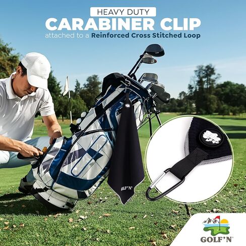 منشفة Golf'N Microfiber - منشفة جولف مغناطيسية سوداء مقاس 18 بوصة × 18 بوصة لحقائب الجولف مع مغناطيس N52 عالي التحمل، ومشبك حلقة تسلق وحلقة معززة مخيطة بشكل متقاطع، وإكسسوارات جولف ممتازة in Saudi Arabia