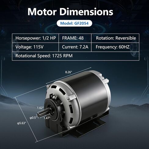 GF2054 Blower Motor 1/2 HP 115V 1725RPM 48Frame Belt Drive Motor Compatible with AO Smith GF2054, Packard 45012, Emerson 8200, GE BF-4708, Universal 811, Baldor RSP3451A, Dayton 4UE85, 5-Year Warranty in Saudi Arabia