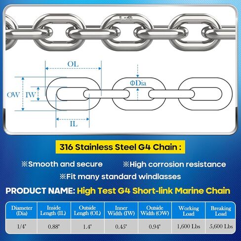 سلسلة مرساة قارب مرساة - سلسلة من الفولاذ المقاوم للصدأ 316 G4 HT ذات وصلة قصيرة أثقل من النوع 1/4 بوصة مع أغلال مقوسة وموصل دوار لمرساة القارب in Kuwait