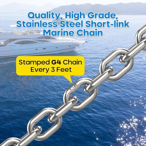 سلسلة مرساة قارب مرساة - سلسلة من الفولاذ المقاوم للصدأ 316 G4 HT ذات وصلة قصيرة أثقل من النوع 1/4 بوصة مع أغلال مقوسة وموصل دوار لمرساة القارب in Kuwait