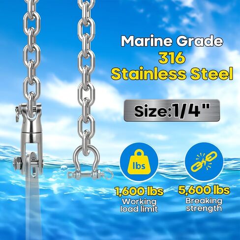 سلسلة مرساة قارب مرساة - سلسلة من الفولاذ المقاوم للصدأ 316 G4 HT ذات وصلة قصيرة أثقل من النوع 1/4 بوصة مع أغلال مقوسة وموصل دوار لمرساة القارب in Kuwait
