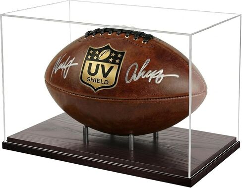 Happyseason Football Display Case, SGS Tested 93.8% UV Protection (290–400nm Full Spectrum), Solid Wood Base, Gunmetal Steel Pegs, Acrylic Autographed Football Stand Holder, Black & Gold Gift Box in Kuwait