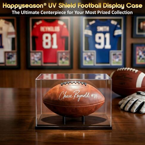 Happyseason Football Display Case, SGS Tested 93.8% UV Protection (290–400nm Full Spectrum), Solid Wood Base, Gunmetal Steel Pegs, Acrylic Autographed Football Stand Holder, Black & Gold Gift Box in Kuwait