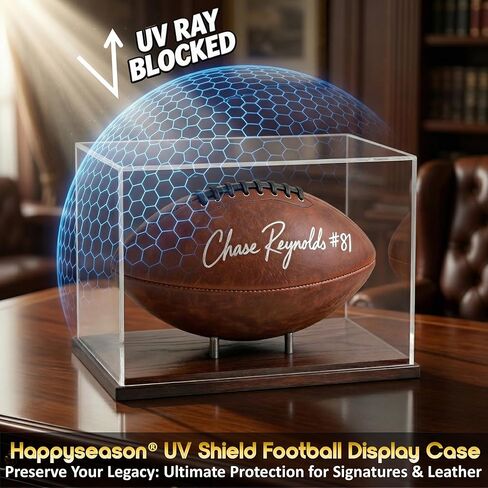 Happyseason Football Display Case, SGS Tested 93.8% UV Protection (290–400nm Full Spectrum), Solid Wood Base, Gunmetal Steel Pegs, Acrylic Autographed Football Stand Holder, Black & Gold Gift Box in Kuwait