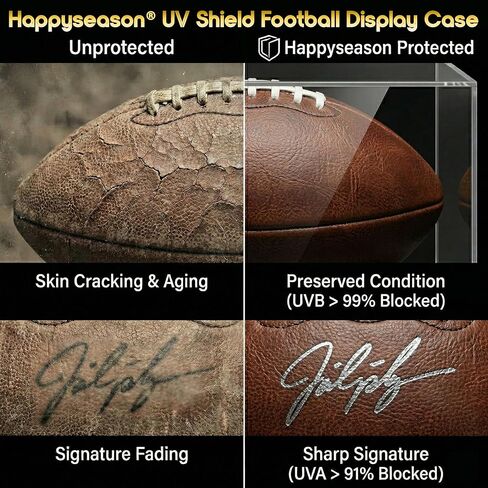 Happyseason Football Display Case, SGS Tested 93.8% UV Protection (290–400nm Full Spectrum), Solid Wood Base, Gunmetal Steel Pegs, Acrylic Autographed Football Stand Holder, Black & Gold Gift Box in Kuwait