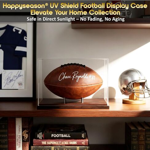 Happyseason Football Display Case, SGS Tested 93.8% UV Protection (290–400nm Full Spectrum), Solid Wood Base, Gunmetal Steel Pegs, Acrylic Autographed Football Stand Holder, Black & Gold Gift Box in Kuwait