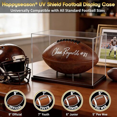 Happyseason Football Display Case, SGS Tested 93.8% UV Protection (290–400nm Full Spectrum), Solid Wood Base, Gunmetal Steel Pegs, Acrylic Autographed Football Stand Holder, Black & Gold Gift Box in Kuwait