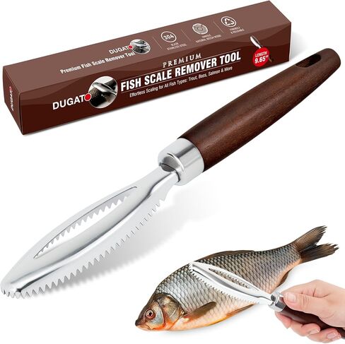 Dugato Fish Scale Remover Tool with Wooden Handle – Stainless Steel Fish Scaler Scraper for Quick & Easy Fish Cleaning – Rustproof Serrated Edge Seafood Descaling Tool for Kitchen & Outdoor Use in Kuwait