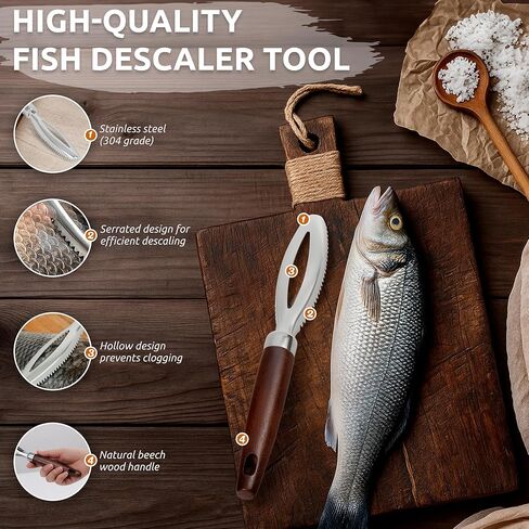 Dugato Fish Scale Remover Tool with Wooden Handle – Stainless Steel Fish Scaler Scraper for Quick & Easy Fish Cleaning – Rustproof Serrated Edge Seafood Descaling Tool for Kitchen & Outdoor Use in Kuwait