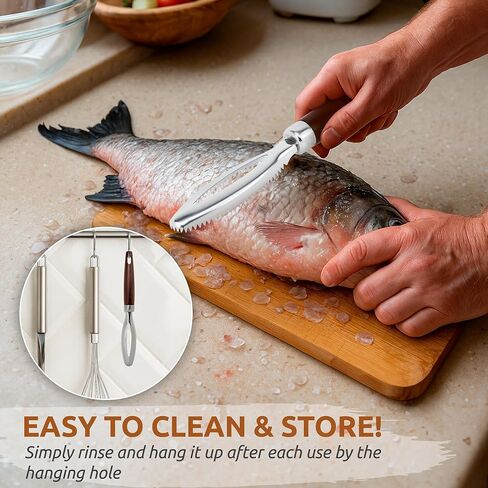 Dugato Fish Scale Remover Tool with Wooden Handle – Stainless Steel Fish Scaler Scraper for Quick & Easy Fish Cleaning – Rustproof Serrated Edge Seafood Descaling Tool for Kitchen & Outdoor Use in Kuwait